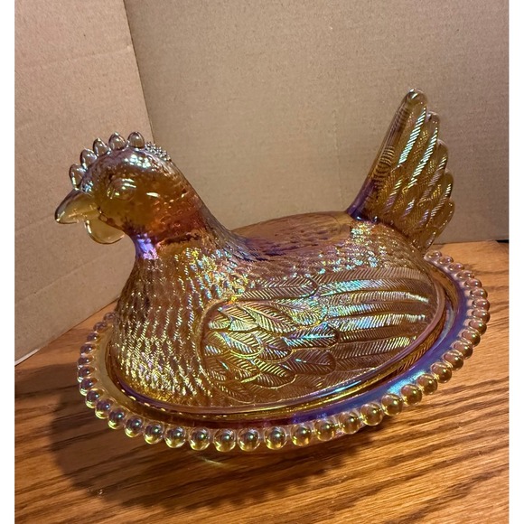 Indiana Glass Other - Indiana Glass Amber Carnival Glass Hen on Nest Beaded Candy Dish Vintage